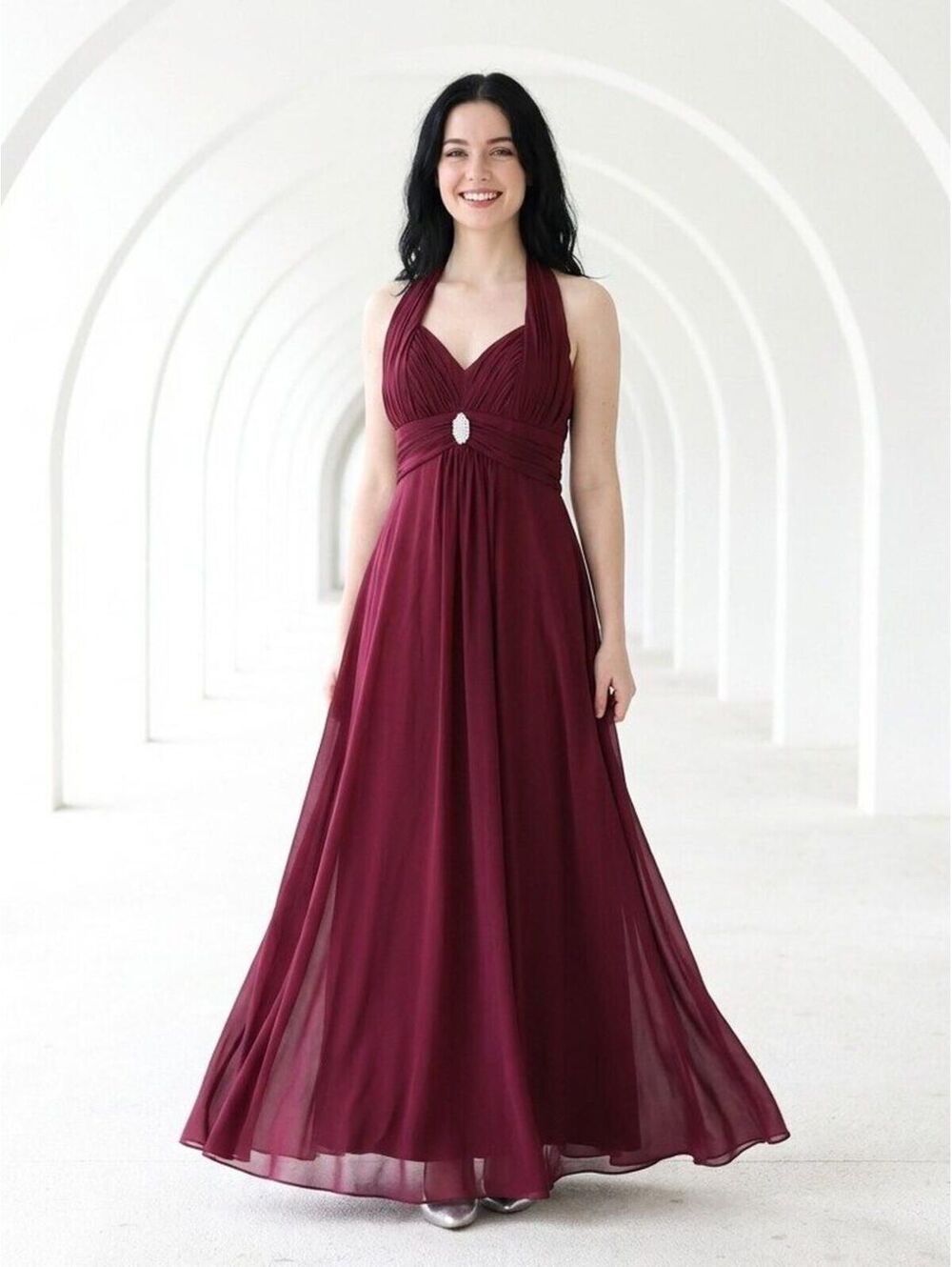 Poly USA #5656 Chiffon Formal Evening or Bridesmaid Gown-Size L-BURGUNDY-NWTags